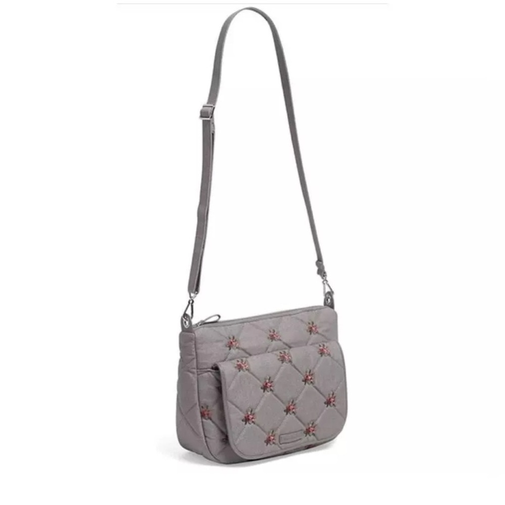 Vera Bradley Denim Gray Floral Embroidered Quilted Carson Mini Shoulder Bag